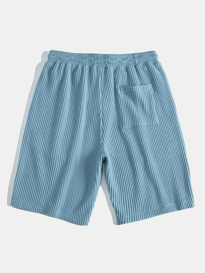 Waffle Textured Stand Collar Shirt & Drawstring Waffle Shorts Set