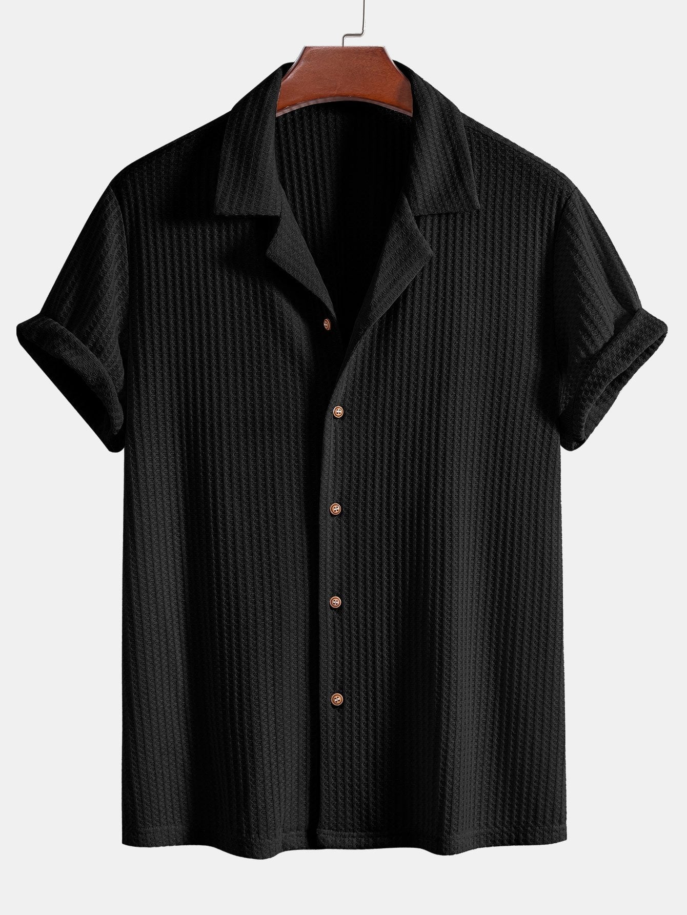 Cuban Collar Short Sleeve Waffle Knit Shirt with Straight Leg Linen Trousers