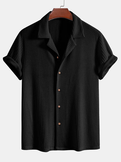 Cuban Collar Short Sleeve Waffle Knit Shirt with Straight Leg Linen Trousers