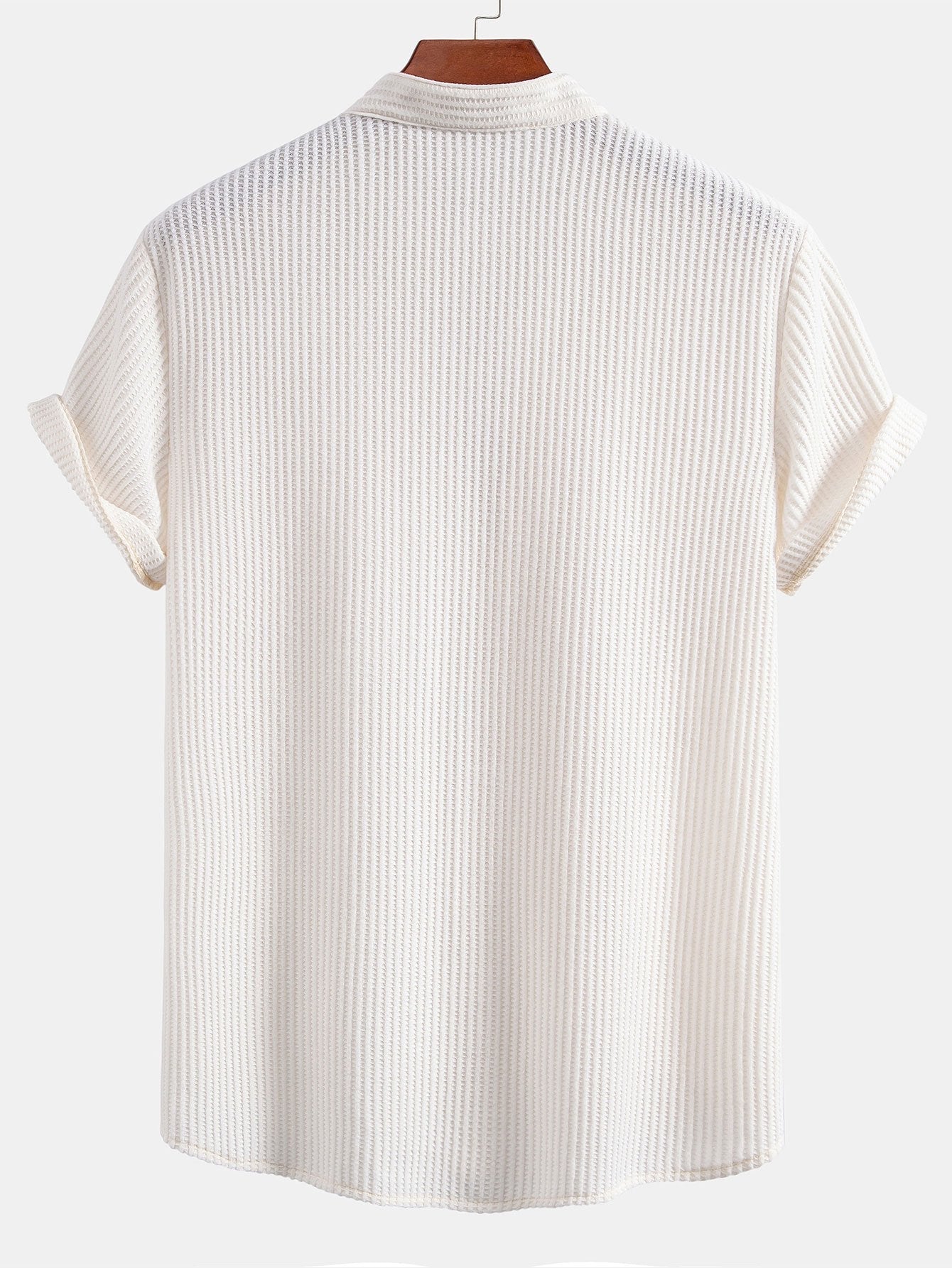 Waffle Textured Stand Collar Shirt & Drawstring Waffle Shorts Set