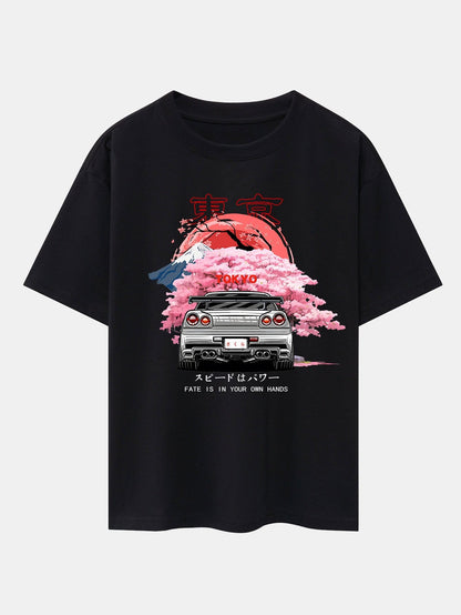 Oversized Drop Shoulder T-Shirt with Tokyo Cherry Blossoms Car Print
