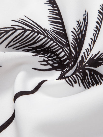 Palm Tree Print Button-Up Shirt with Striped Swim Shorts