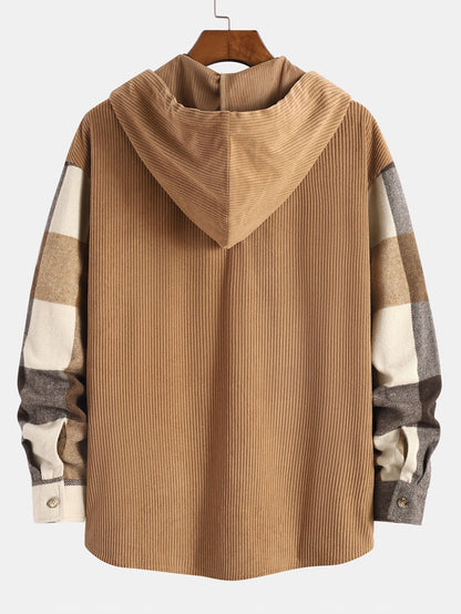 Comfortable Flannel Plaid Hooded Shirt with Corduroy Patchwork