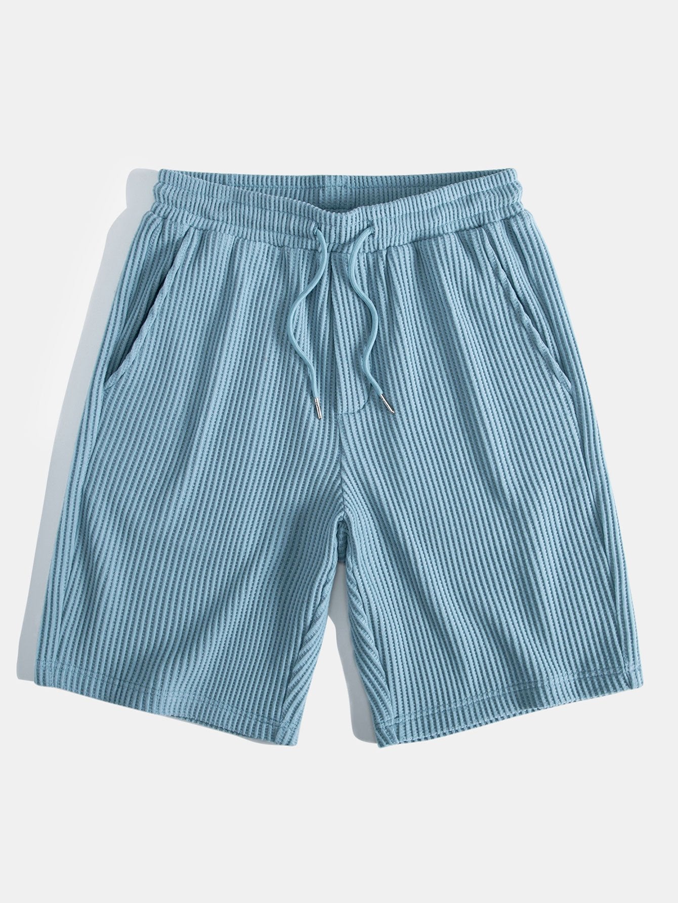 Waffle Textured Stand Collar Shirt & Drawstring Waffle Shorts Set