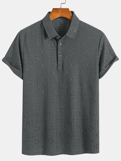 Textured Knit Polo with Short Sleeves and Letter Design