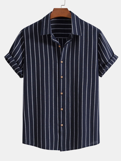 Striped Button-Up Shirt in Cotton Blend with Linen Drawstring Shorts
