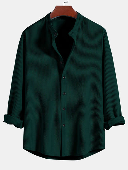 Ribbed Stand Collar Shirt with Long Sleeve and Muscle Fit