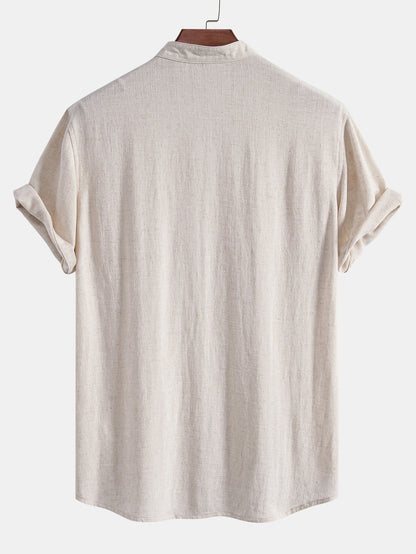V-Neck Linen-Rayon Blend Top with Straight-Leg Linen Trousers