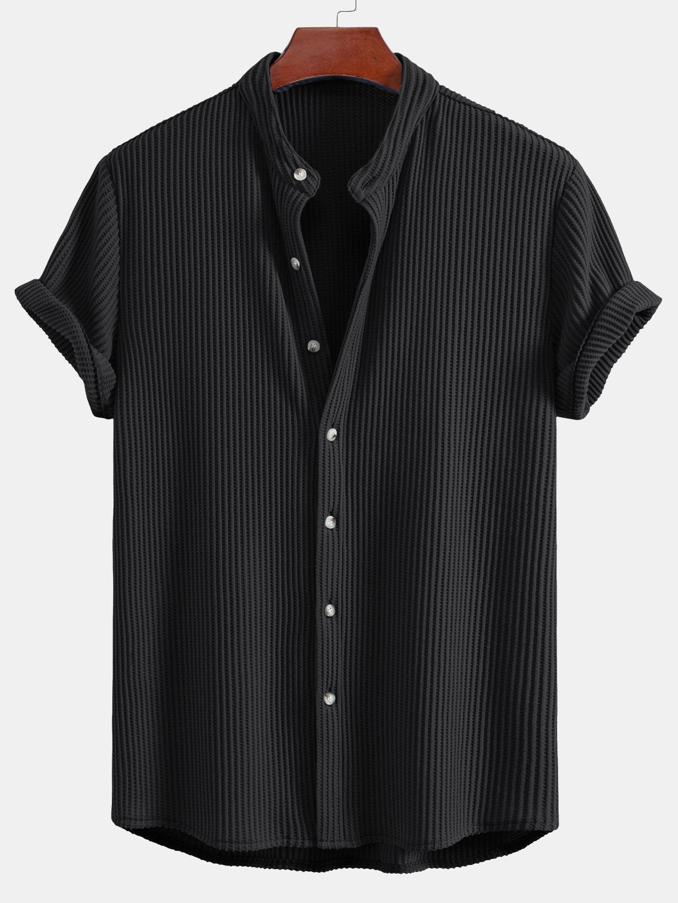 Waffle Textured Stand Collar Shirt & Drawstring Waffle Shorts Set