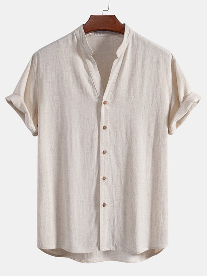 V-Neck Linen-Rayon Blend Top with Straight-Leg Linen Trousers