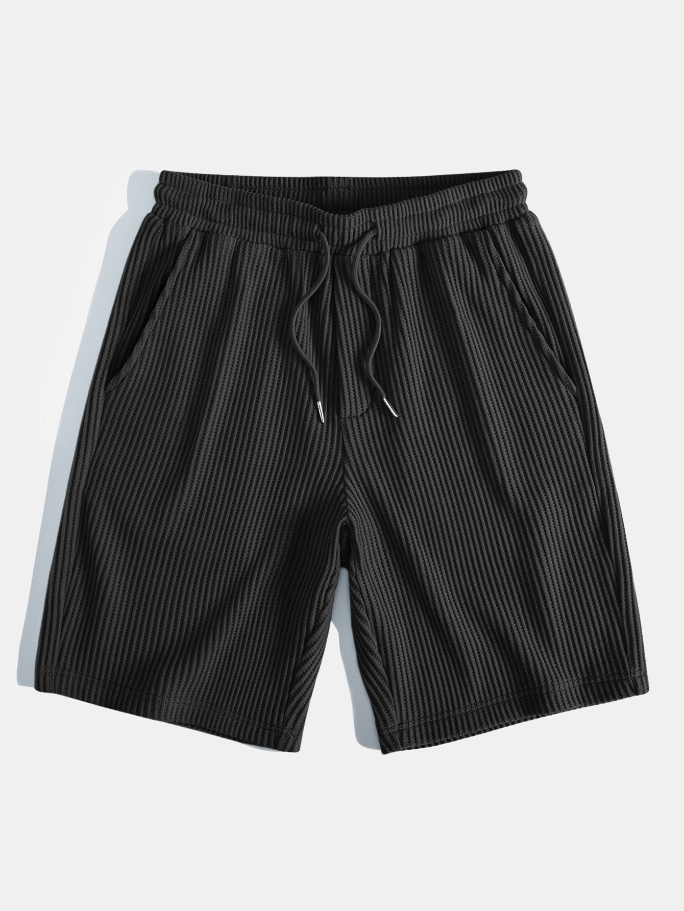 Waffle Textured Stand Collar Shirt & Drawstring Waffle Shorts Set