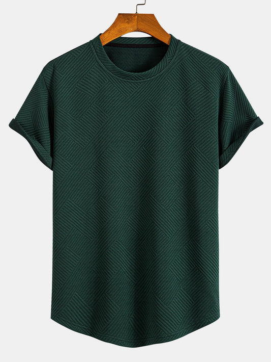 Striped Jacquard Short Sleeve T-Shirt with Arc Hem