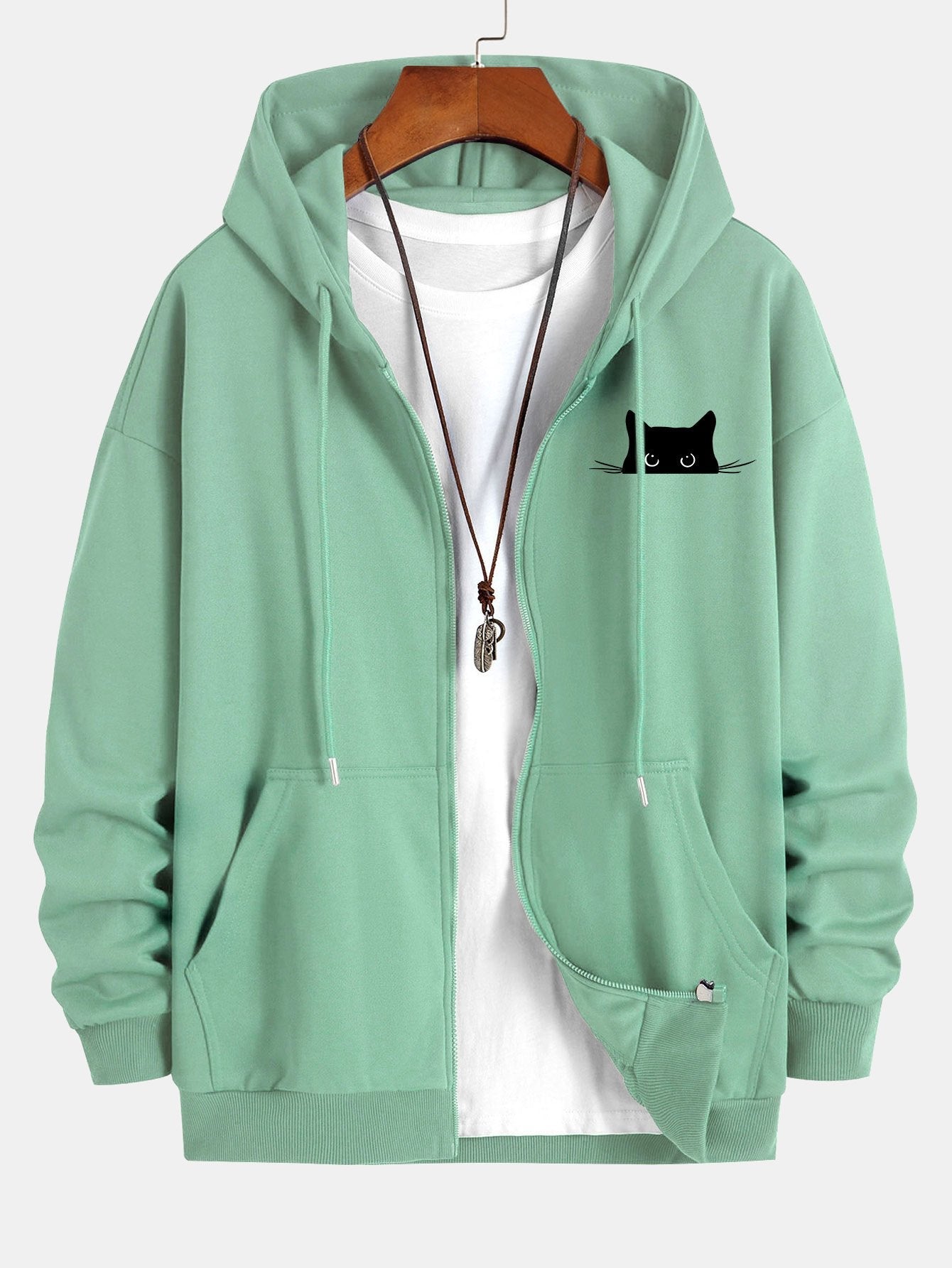 Relaxed Fit Zip Hoodie with Black Cat Print