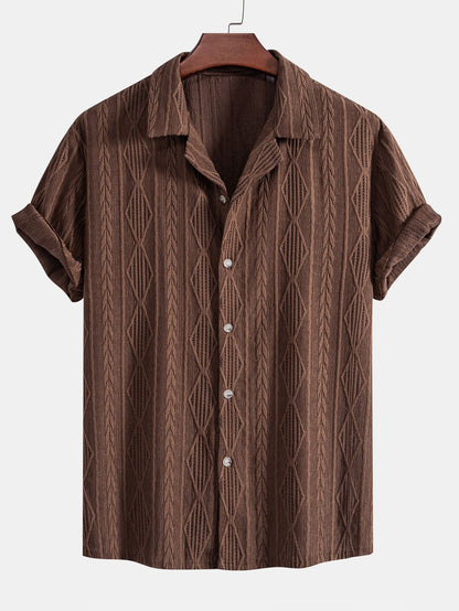 Geometric Jacquard Cuban Collar Shirt with Linen Drawstring Shorts