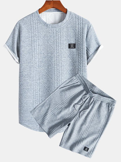 Geometric Jacquard Short Sleeve T-Shirt with Arc Hem & Matching Shorts