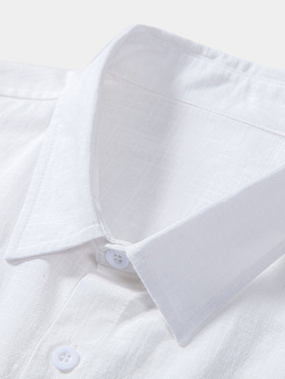 Button-Up Cotton Shirt with Linen Look & Striped Swim Shorts