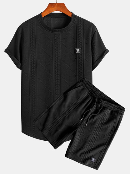 Geometric Jacquard Short Sleeve T-Shirt with Arc Hem & Matching Shorts