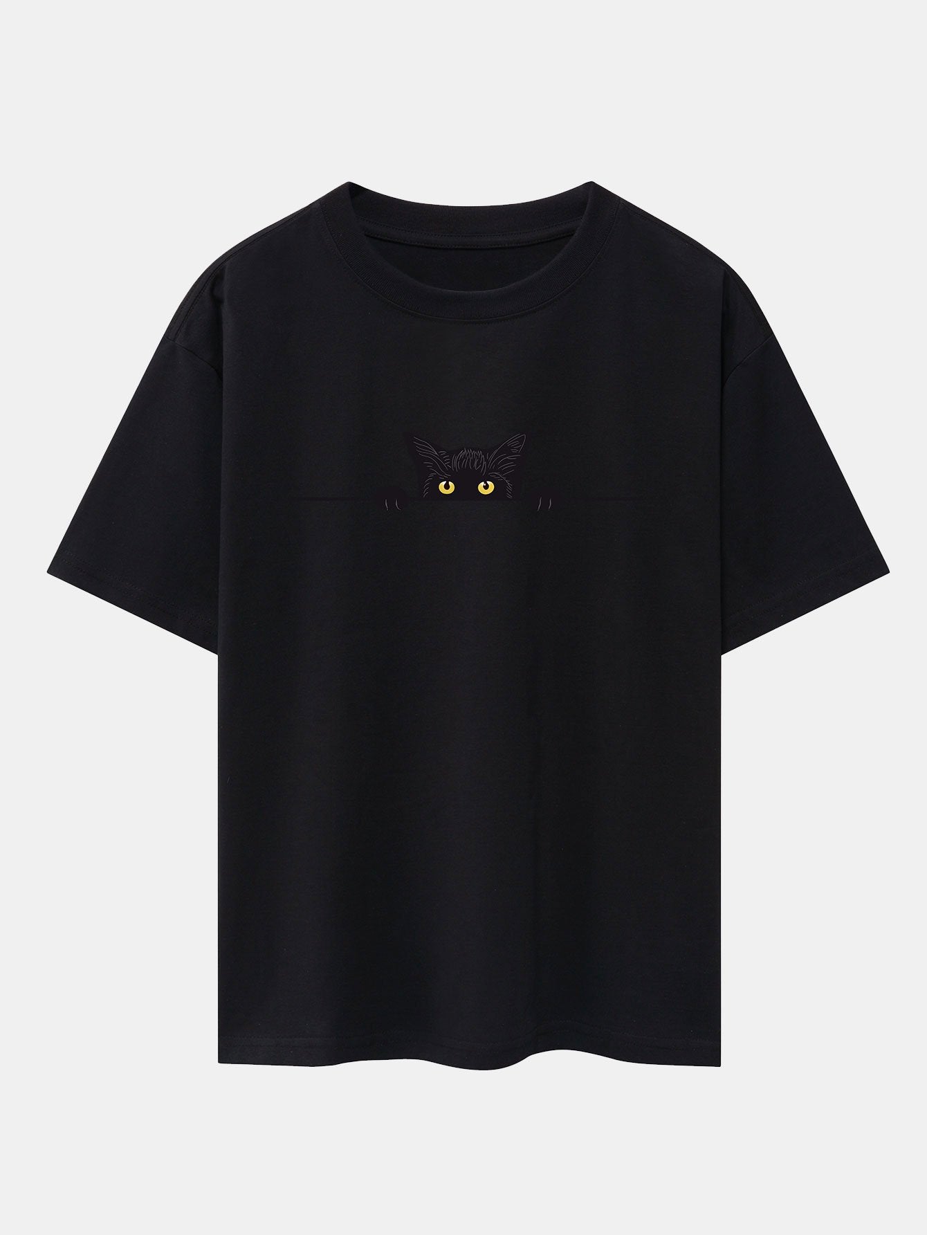 Oversized Drop Shoulder T-Shirt with Black Cat Print