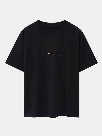 Oversized Drop Shoulder T-Shirt with Black Cat Print