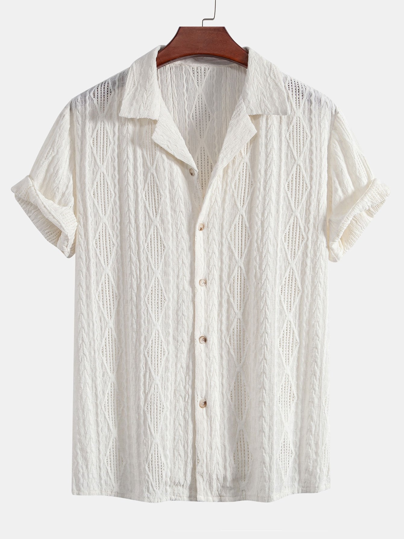 Geometric Jacquard Cuban Collar Shirt with Linen Drawstring Shorts