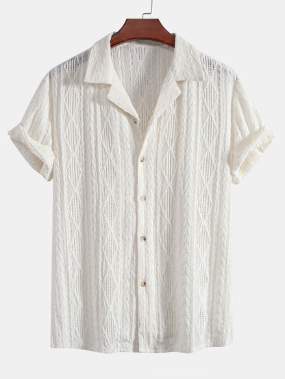 Geometric Jacquard Cuban Collar Shirt with Linen Drawstring Shorts