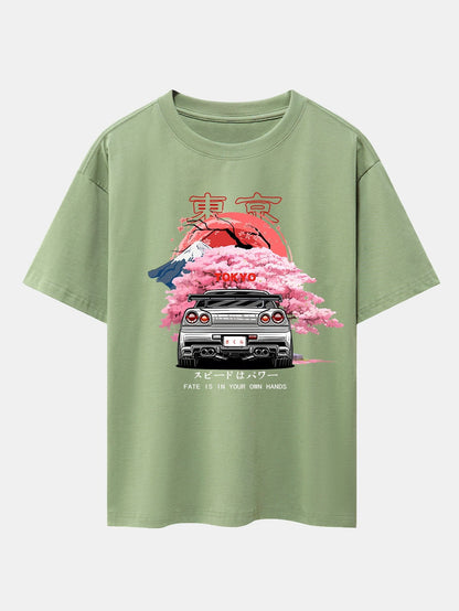 Oversized Drop Shoulder T-Shirt with Tokyo Cherry Blossoms Car Print