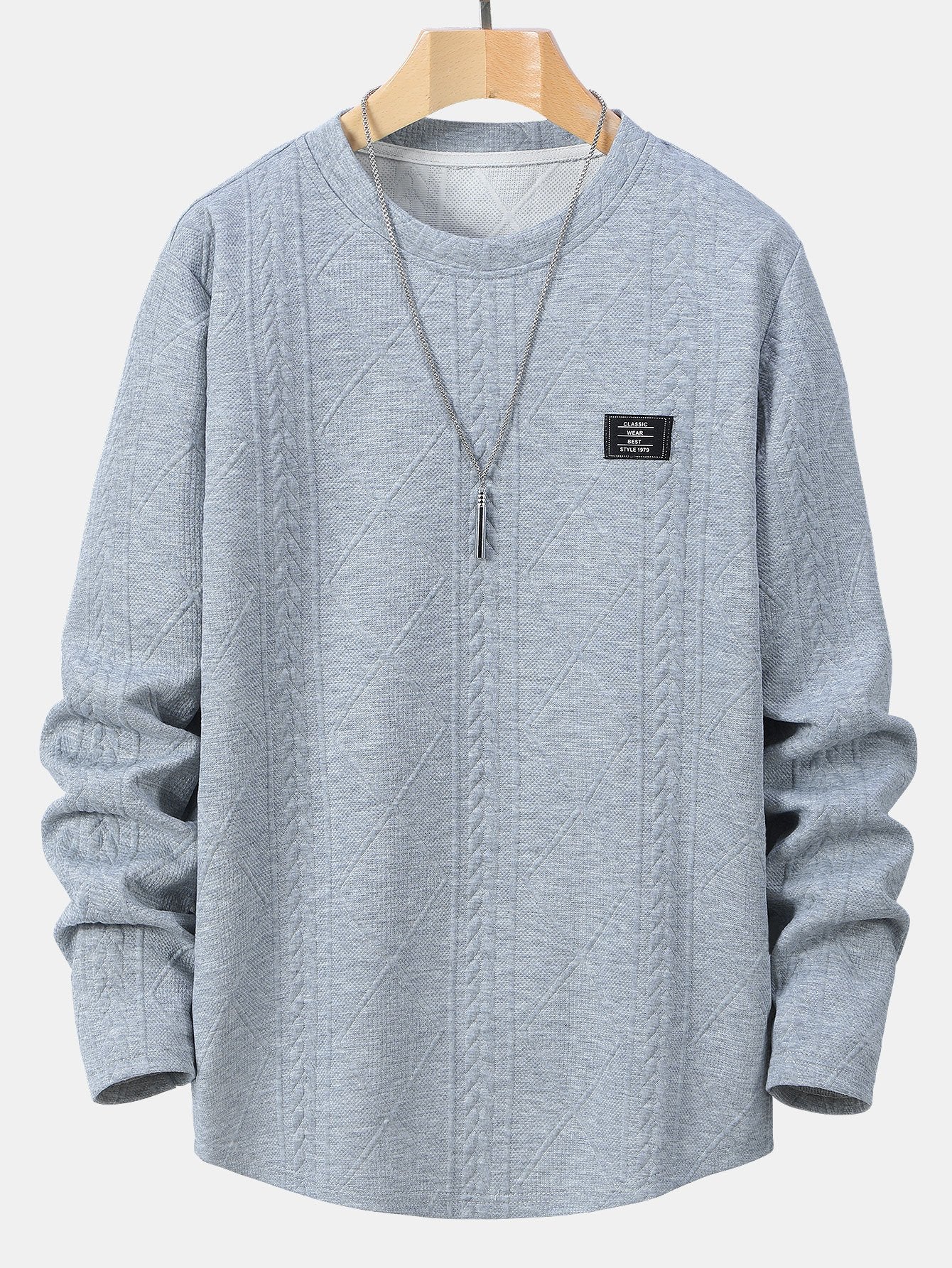 Geometric Jacquard Long Sleeve T-Shirt with Arc Hem