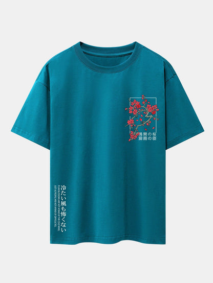 Oversized Drop Shoulder T-Shirt with Cherry Blossom Slogan Print