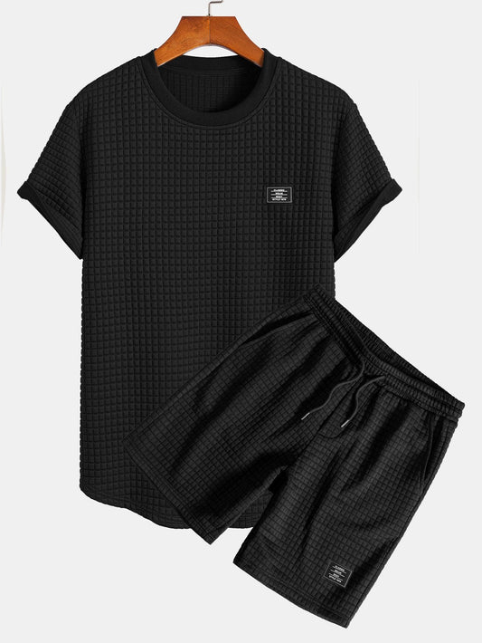 Waffle Knit Short Sleeve T-Shirt with Arc Hem & Matching Shorts