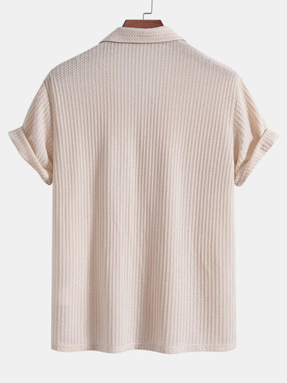 Cuban Collar Short Sleeve Waffle Knit Shirt with Straight Leg Linen Trousers