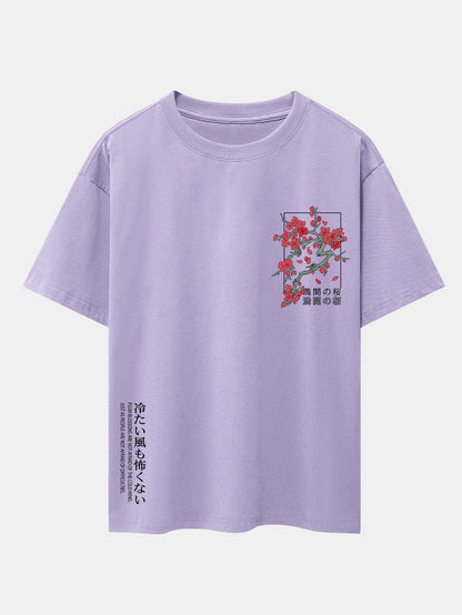 Oversized Drop Shoulder T-Shirt with Cherry Blossom Slogan Print