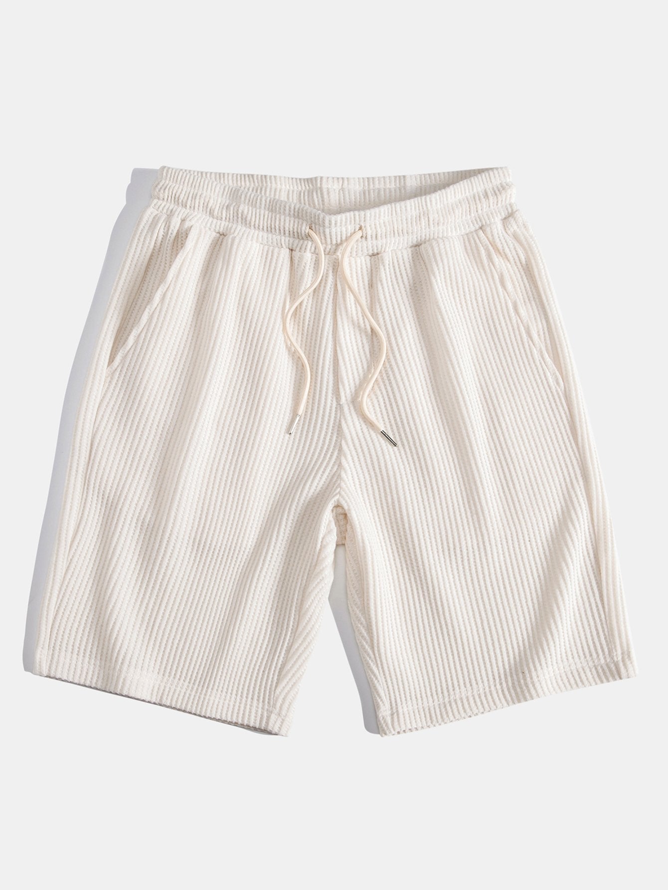 Waffle Textured Stand Collar Shirt & Drawstring Waffle Shorts Set