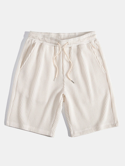 Waffle Textured Stand Collar Shirt & Drawstring Waffle Shorts Set