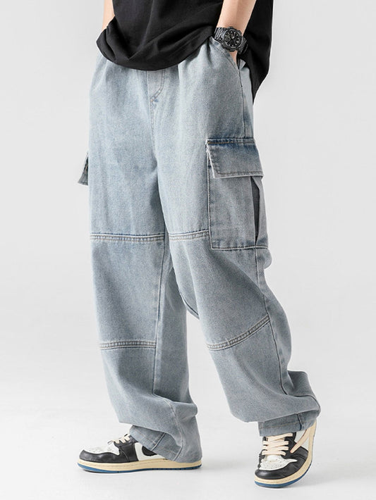 Comfort Fit Straight Leg Cargo Jeans with Elastic Waist