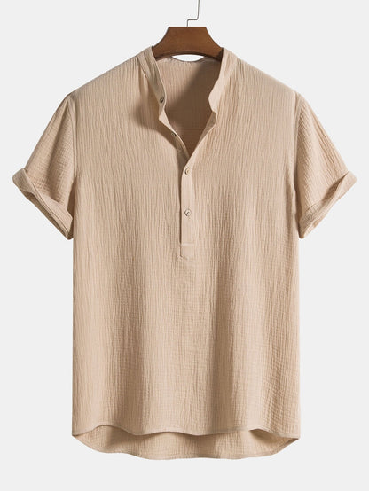 Wrinkled Cotton Henley Shirt with Half Open Placket and Collar