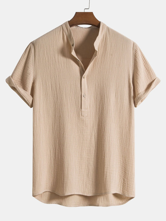 Wrinkled Cotton Henley Shirt with Half Open Placket and Collar
