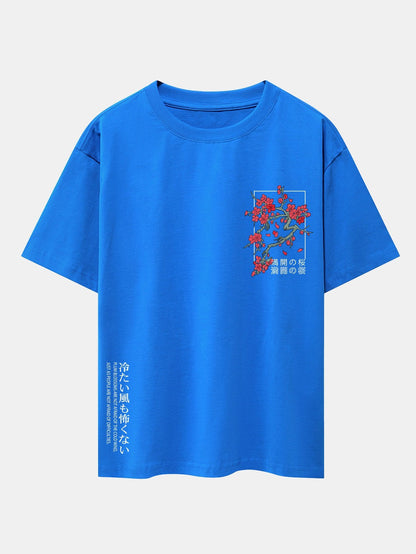 Oversized Drop Shoulder T-Shirt with Cherry Blossom Slogan Print