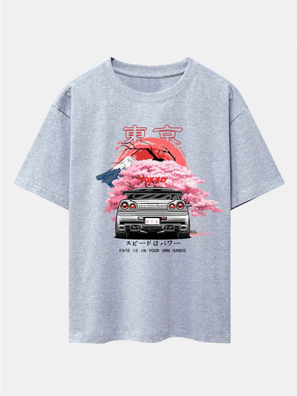 Oversized Drop Shoulder T-Shirt with Tokyo Cherry Blossoms Car Print