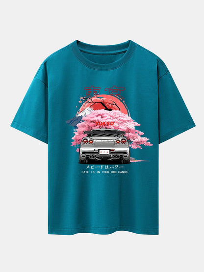 Oversized Drop Shoulder T-Shirt with Tokyo Cherry Blossoms Car Print