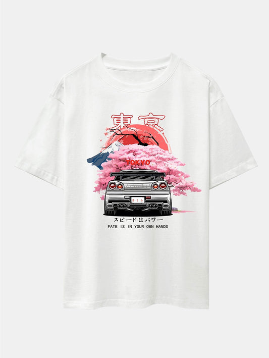Oversized Drop Shoulder T-Shirt with Tokyo Cherry Blossoms Car Print