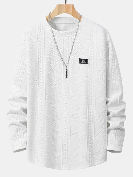 Geometric Jacquard Long Sleeve T-Shirt with Arc Hem