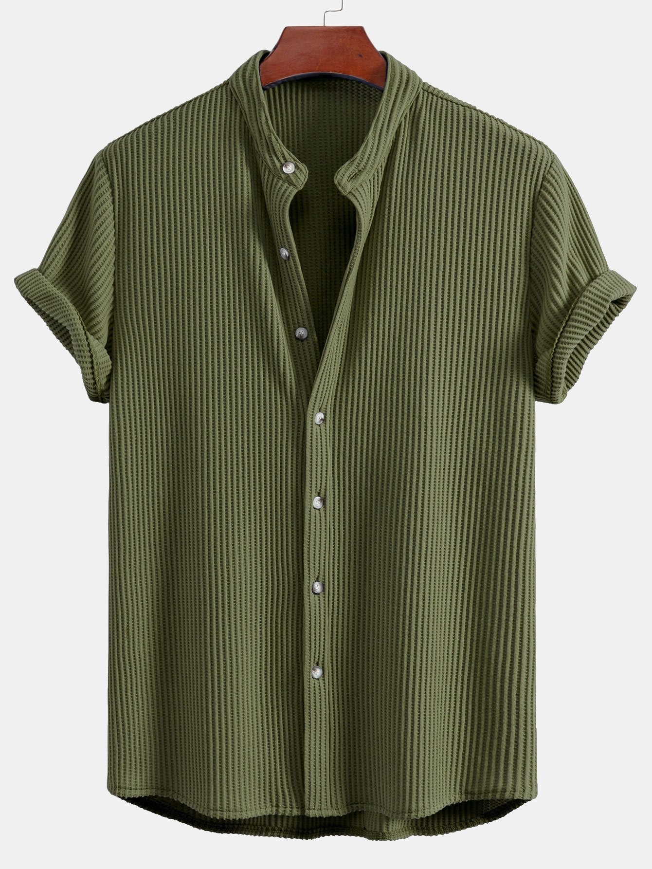 Waffle Textured Stand Collar Shirt & Drawstring Waffle Shorts Set