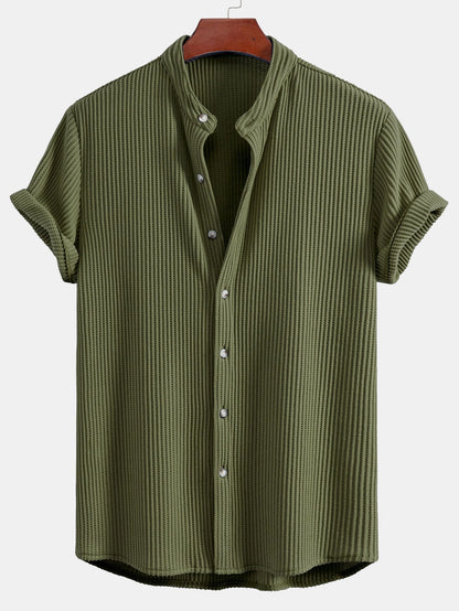 Waffle Textured Stand Collar Shirt & Drawstring Waffle Shorts Set