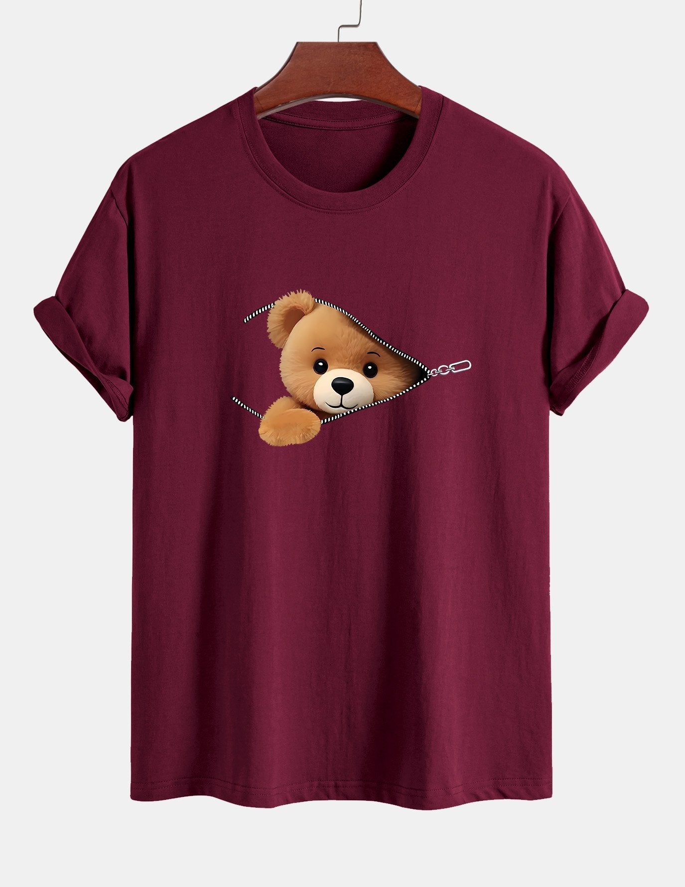 Classic Fit Cotton T-Shirt with Zipper and Bear Print