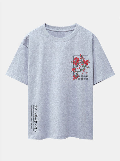 Oversized Drop Shoulder T-Shirt with Cherry Blossom Slogan Print