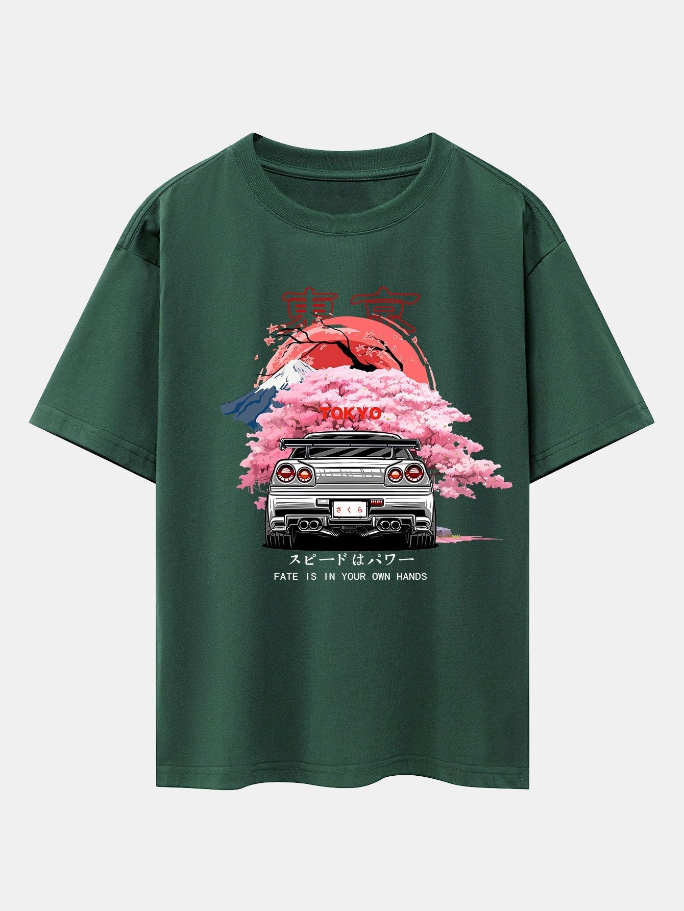 Oversized Drop Shoulder T-Shirt with Tokyo Cherry Blossoms Car Print