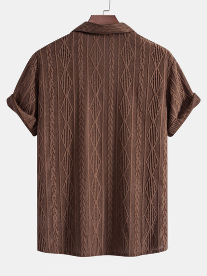 Geometric Jacquard Cuban Collar Shirt with Linen Drawstring Shorts