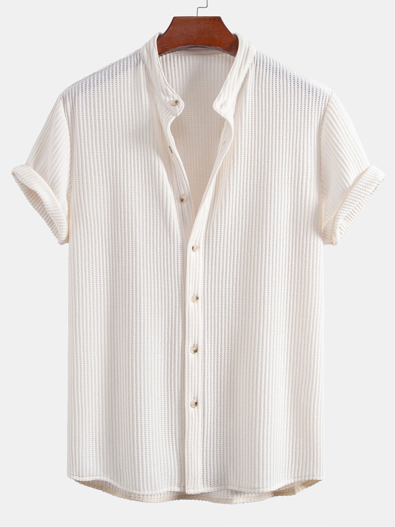 Waffle Textured Stand Collar Shirt & Drawstring Waffle Shorts Set