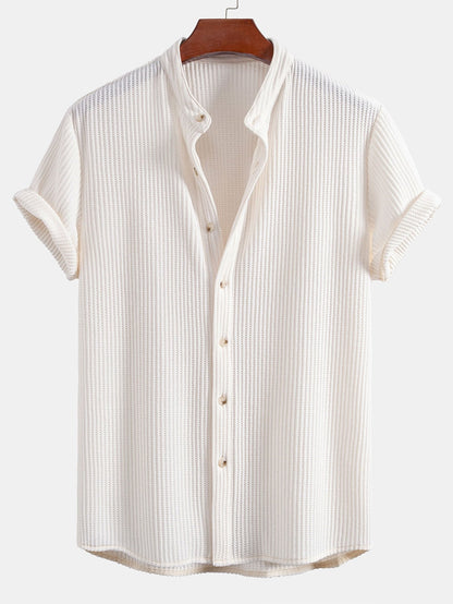 Waffle Textured Stand Collar Shirt & Drawstring Waffle Shorts Set