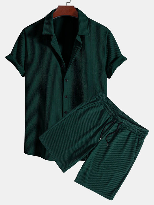 Ribbed Button-Up Shirt and Shorts Set in Muscle Fit